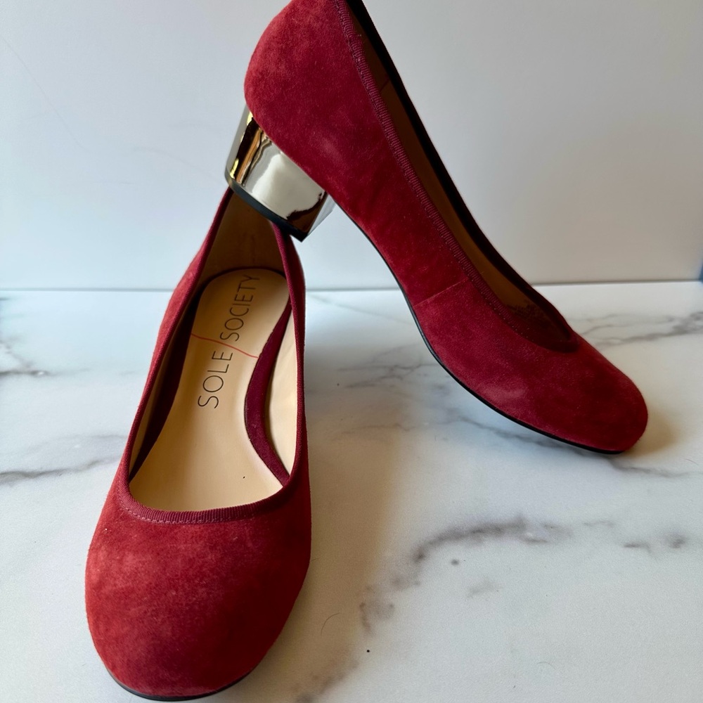 Sole Society Burgundy Suede Low-Heel Pumps with Gold Mirror Block Heel
